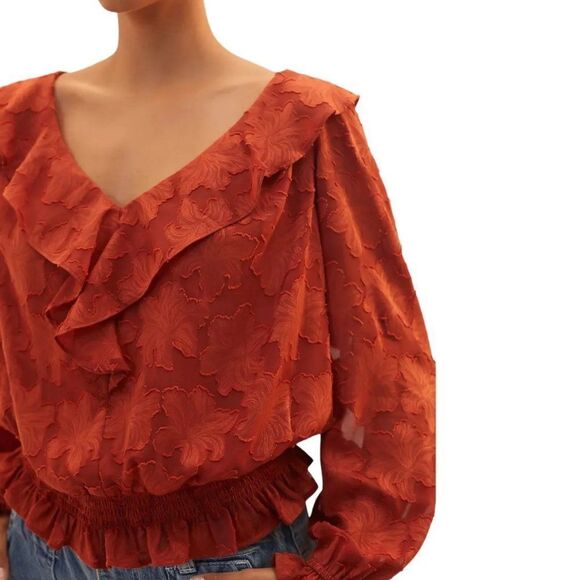 Anthropologie Textured Floral Blouse in Crimson Orange Size Small Open Back Boho - Picture 1 of 10